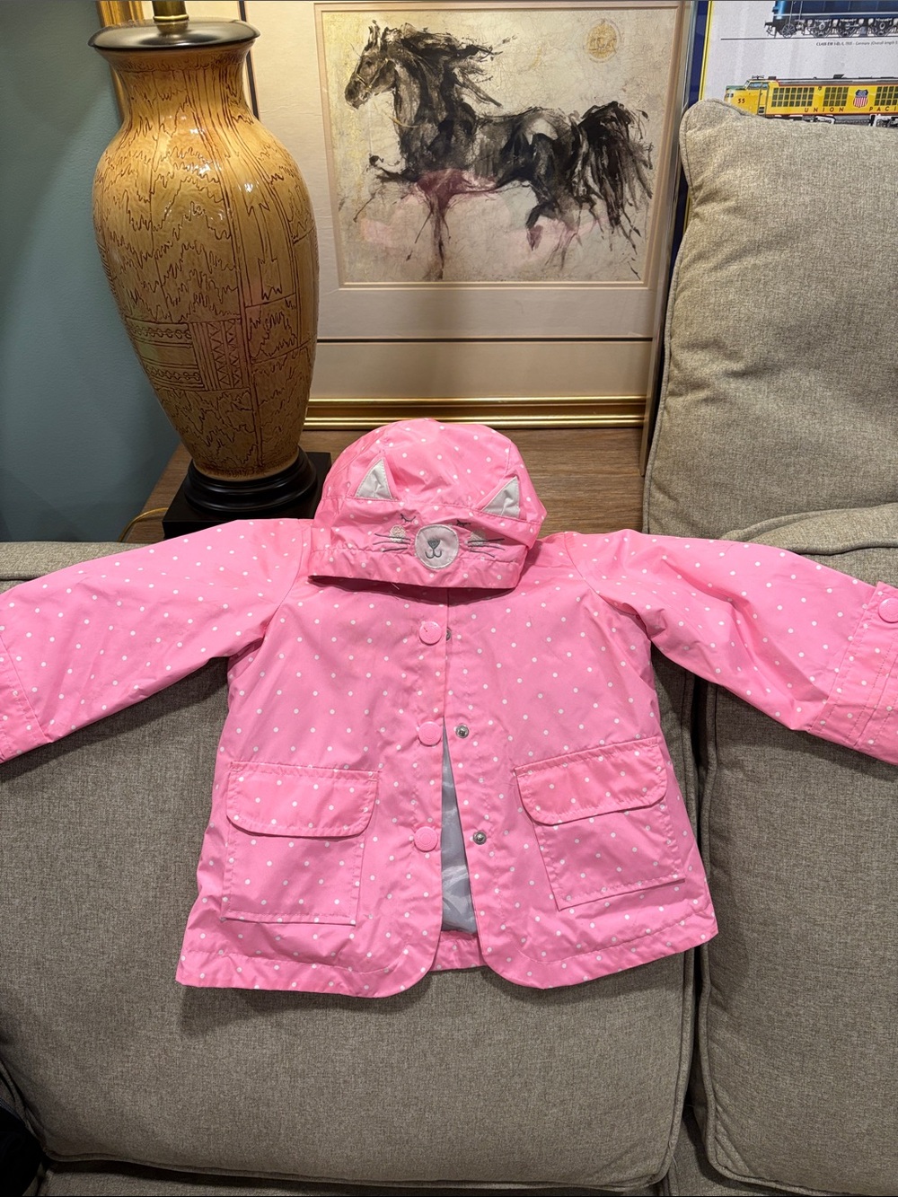 Carter's Pink Polka Dot Hooded Rain Jacket with Cat Ears